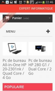 Ecran d'achat en ligne via l'application android